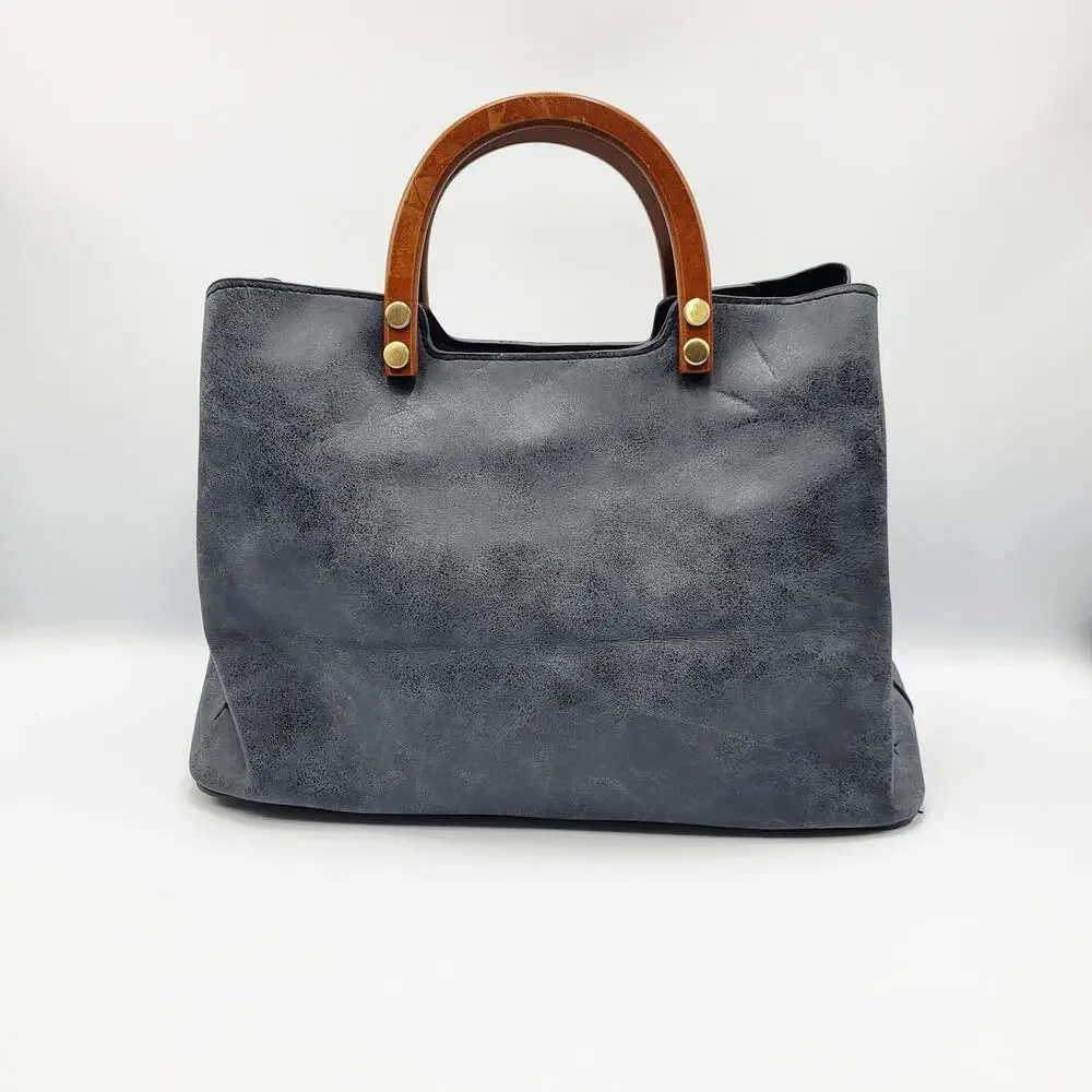 Joy Susan Angie Satchel Bag Carved Wooden Handles Black Vegan Leather Top Handle